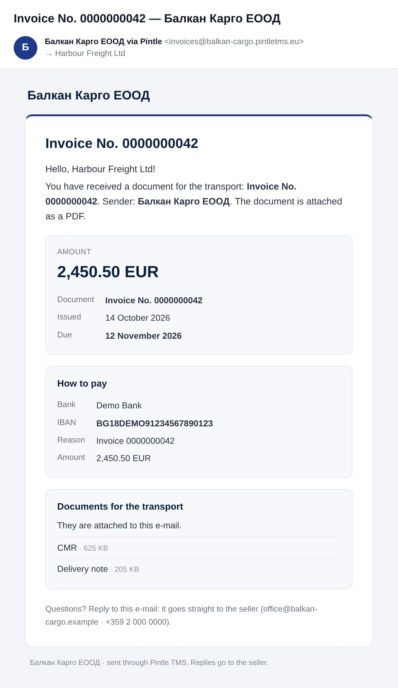 An invoice mail as the customer sees it: the amount, how to pay and the documents of the transport
