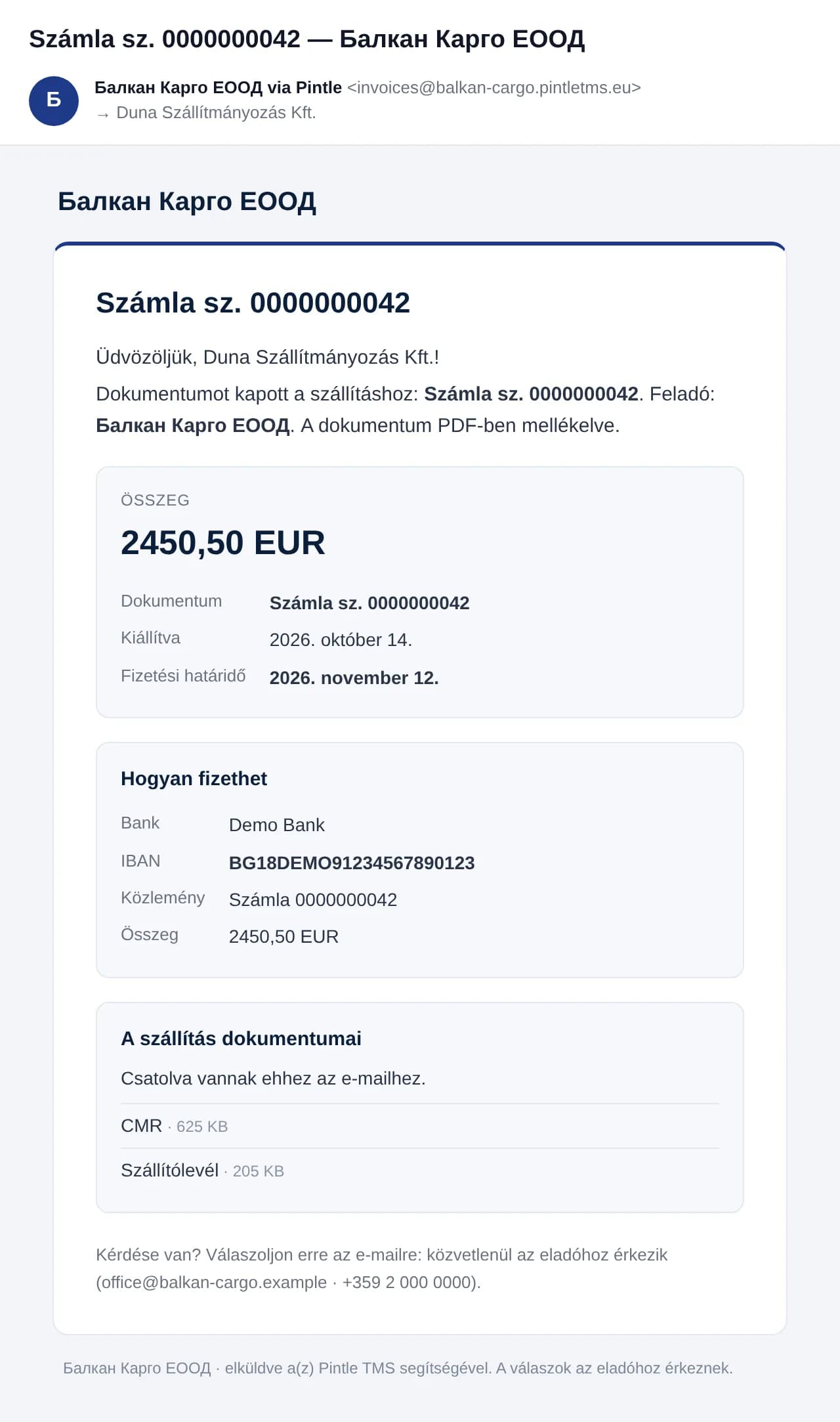 Számlaértesítő e-mail, ahogy az ügyfél látja: az összeg, a fizetés módja és a fuvar dokumentumai
