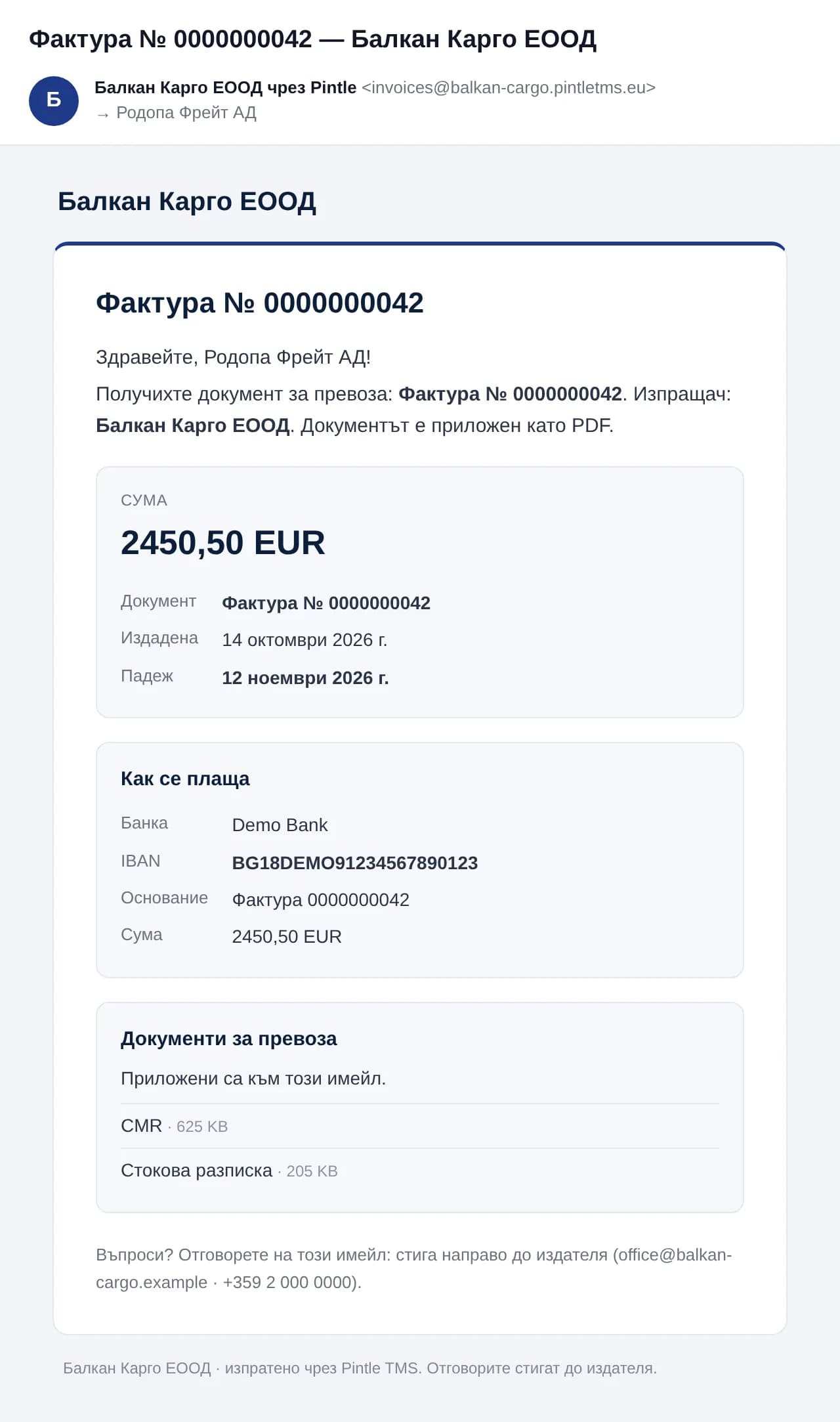 Писмо с фактура, както го вижда клиентът: сумата, как се плаща и документите по превоза