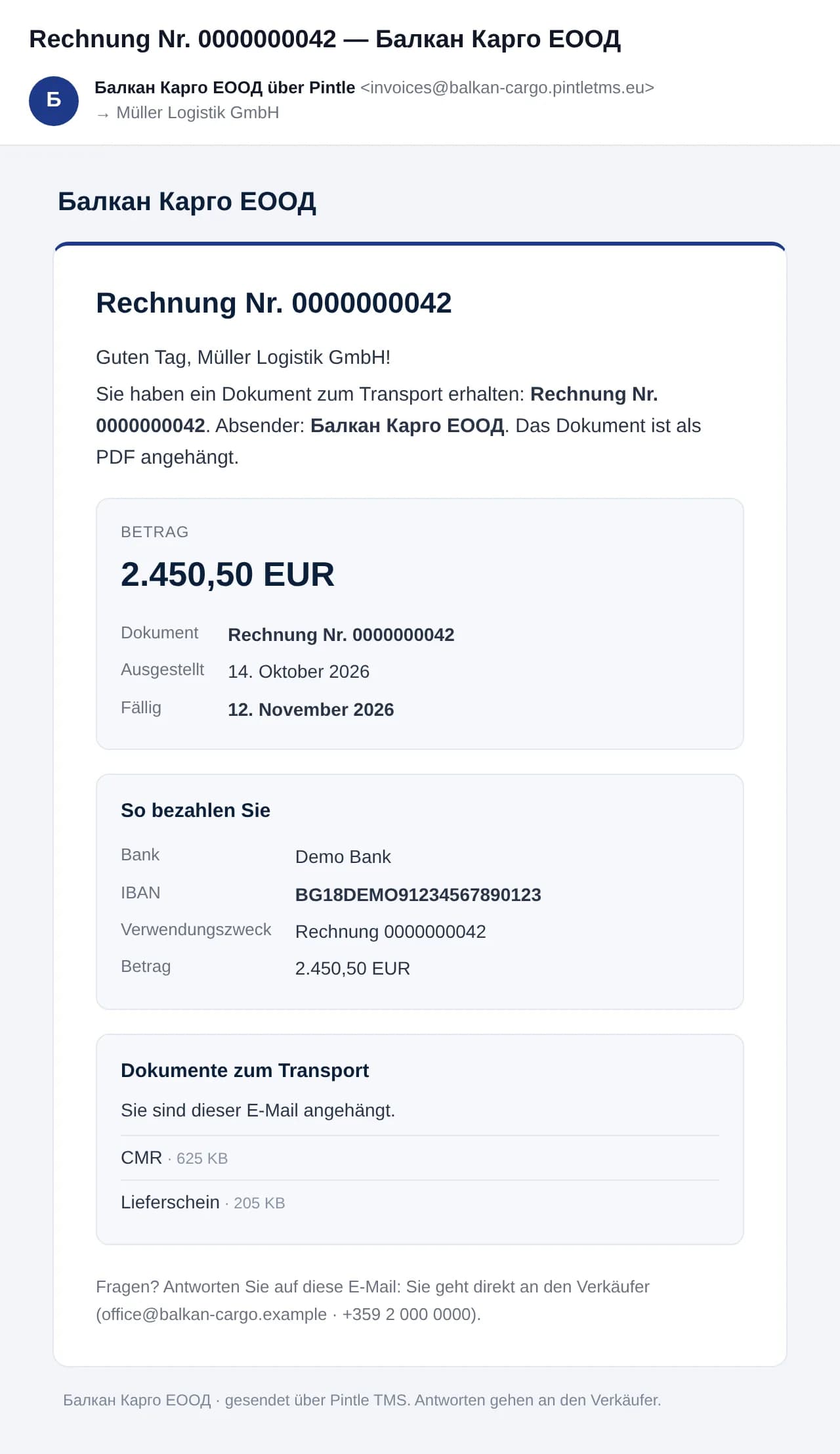 Eine Rechnungs-E-Mail, wie der Kunde sie sieht: der Betrag, wie zu bezahlen ist, und die Dokumente des Transports