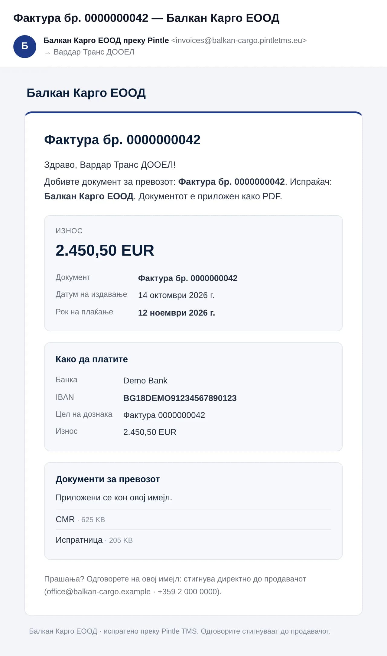 Е-пошта со фактура како што ја гледа клиентот: износот, како да се плати и документите на превозот