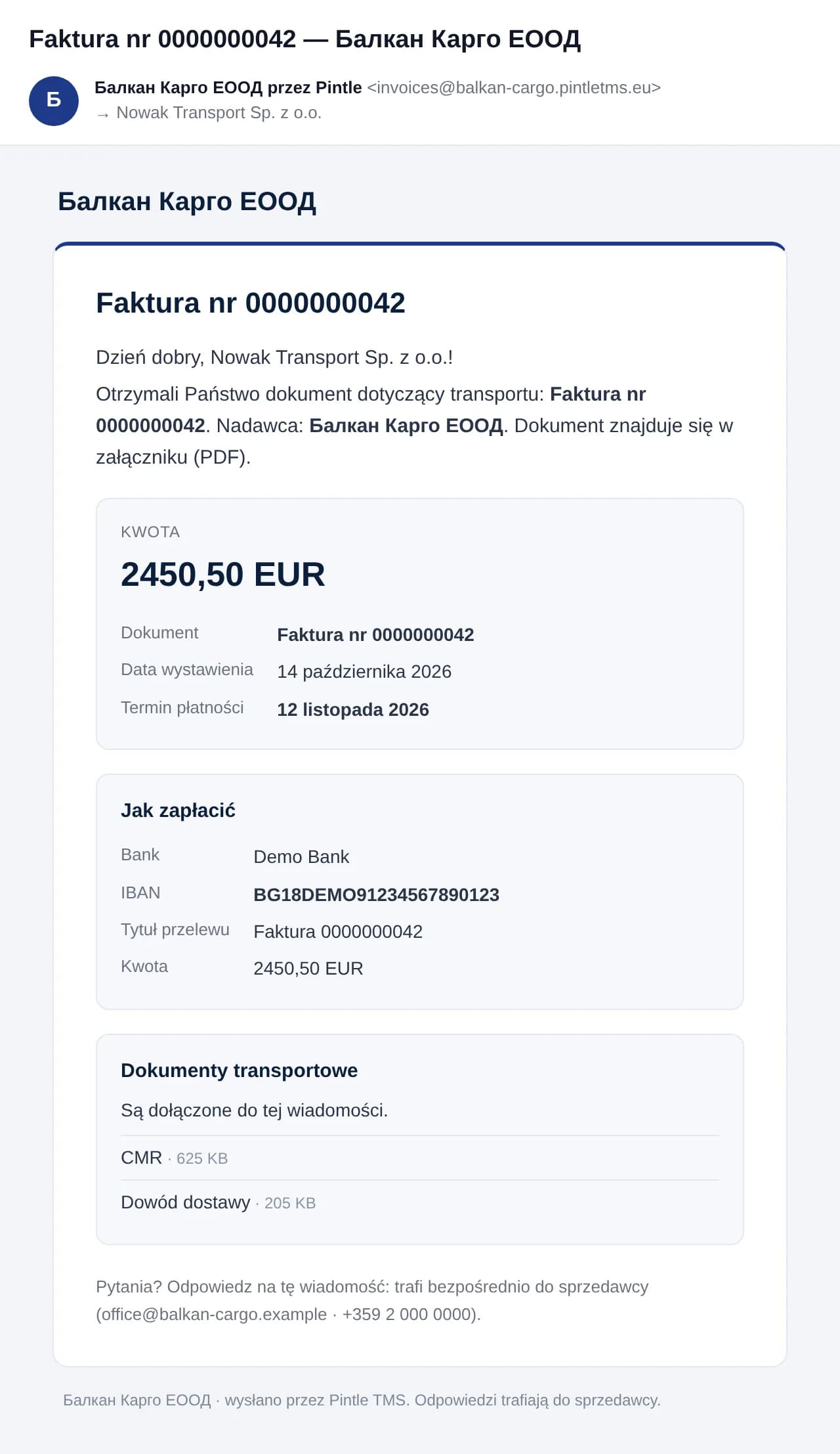 E-mail z fakturą tak, jak widzi go klient: kwota, jak zapłacić i dokumenty transportu
