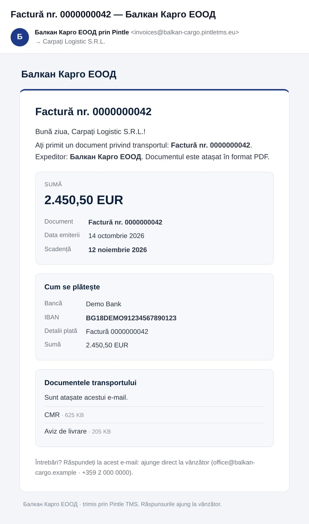 Un e-mail cu factură așa cum îl vede clientul: suma, cum se plătește și documentele transportului