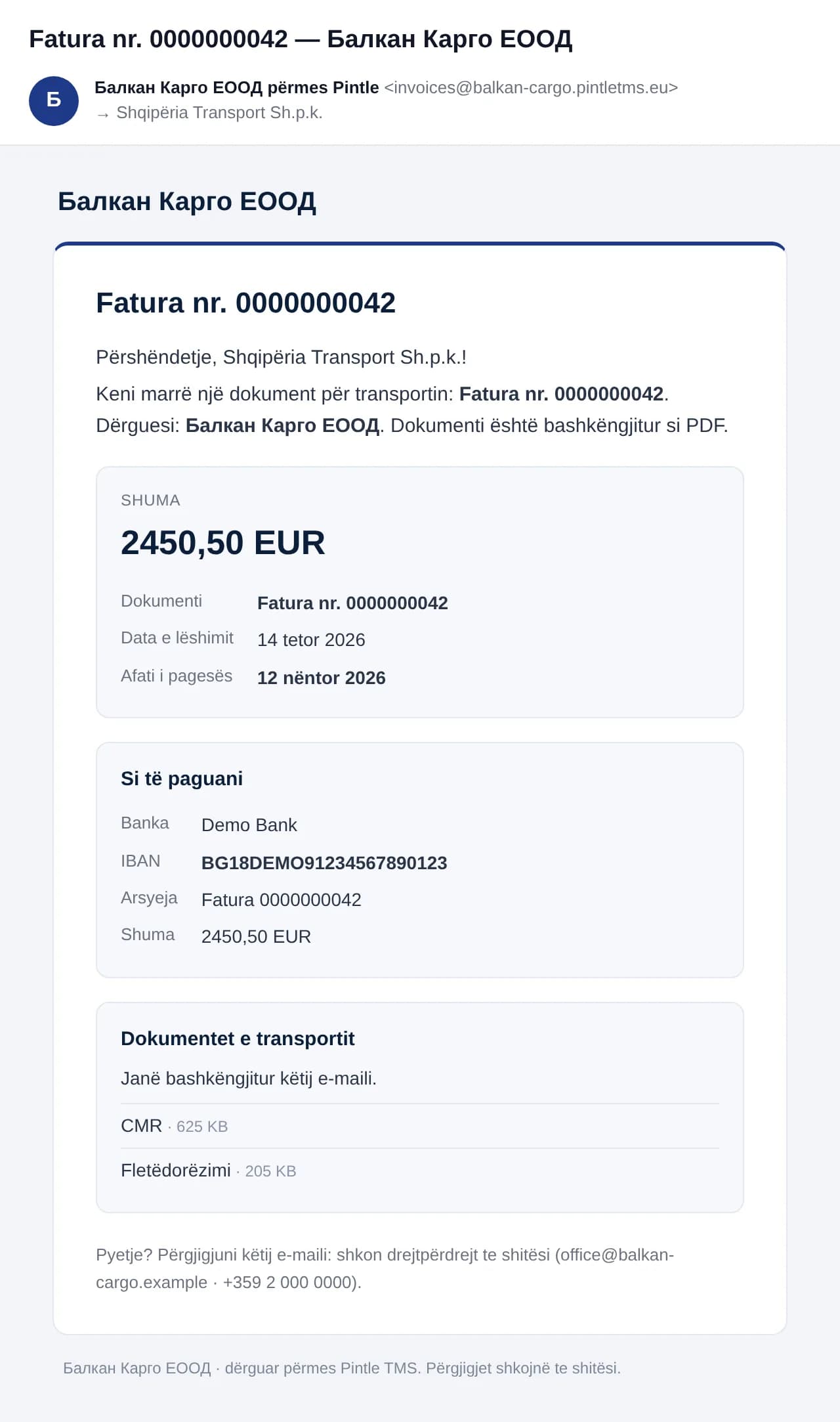 Një e-mail faturë ashtu siç e sheh klienti: shuma, si paguhet dhe dokumentet e transportit